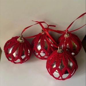 4 Hand Crochet Covered Red Christmas Tree Ornaments, Baubles Shatterproof 2.5”